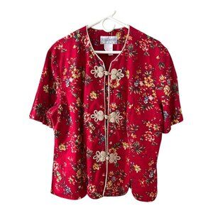 Jessica Howard Woman Red Floral Linen Blend Short Sleeve Jacket Size 22